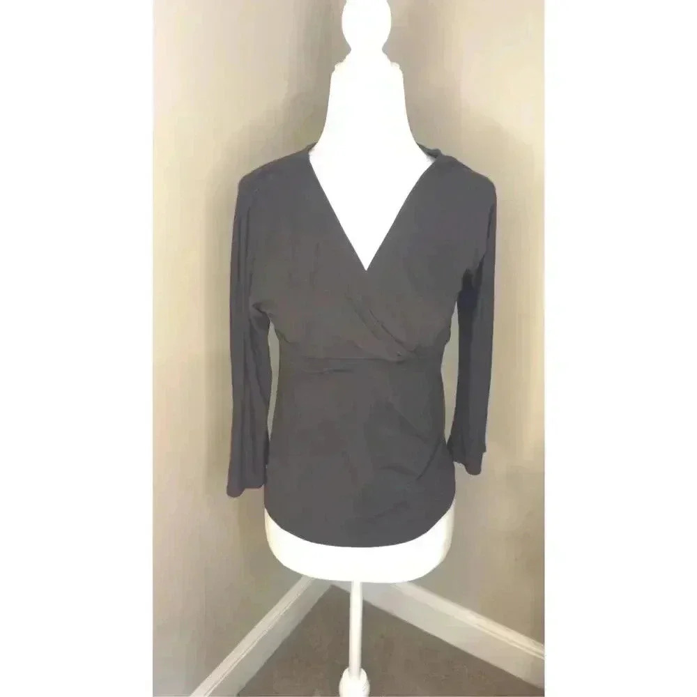 Women's V-Neck Long‎ Sleeve Wrap Blouse Black Size SP Casual Top